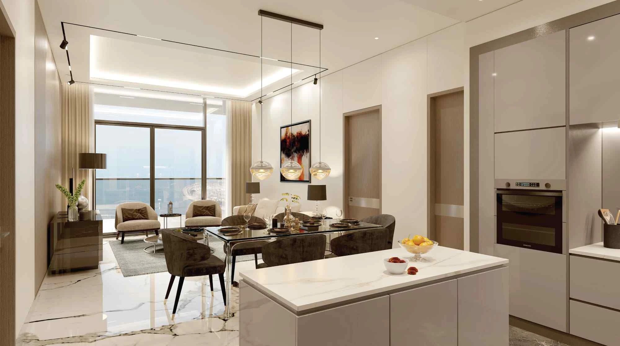 Modern living room interior with large window and beige curtains, two armchairs, a floor lamp, and hanging pendant lights
