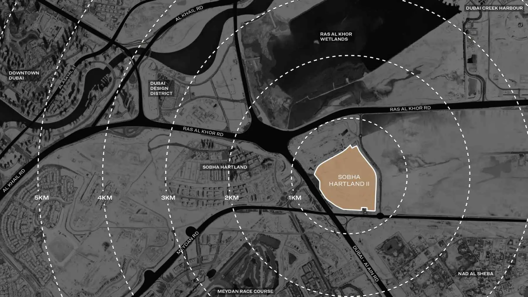 Map showing Sobha Hartland II location with distance circles and labels
