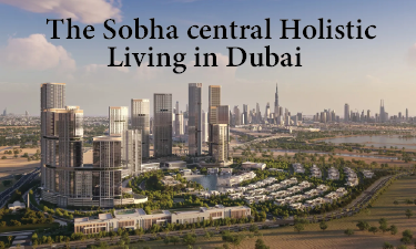 Dubai city skyline with modern buildings and palm trees along a wide street in daylight