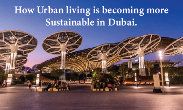 Dubai city skyline with modern buildings and palm trees along a wide street in daylight