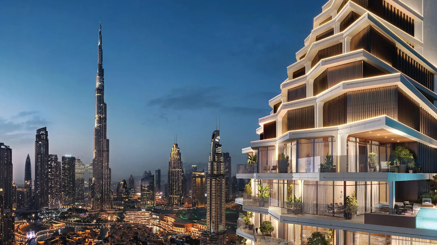 Dubai city night view with illuminated buildings and busy street with light trails
